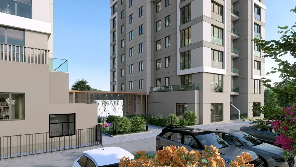 A blok girişi ve açık otopark